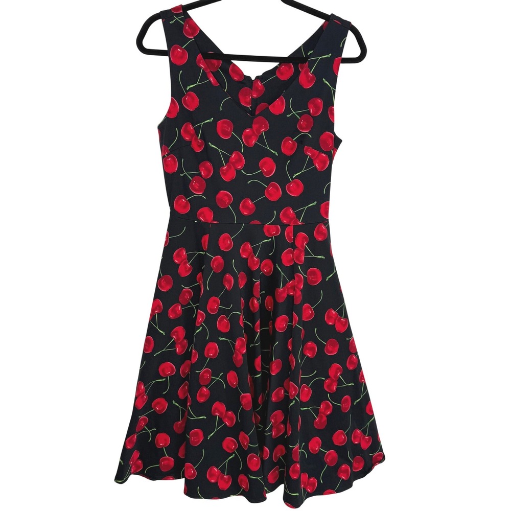 VTG IXIA Cherry‎ Print Fit and Flare Rockabilly Dress Black Medium USA Made